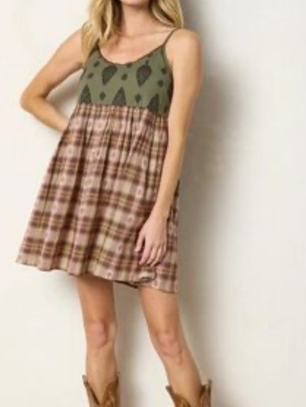 Natural Life Gigi Mini Dress - Tan Plaid Green
New with tags boho western chic